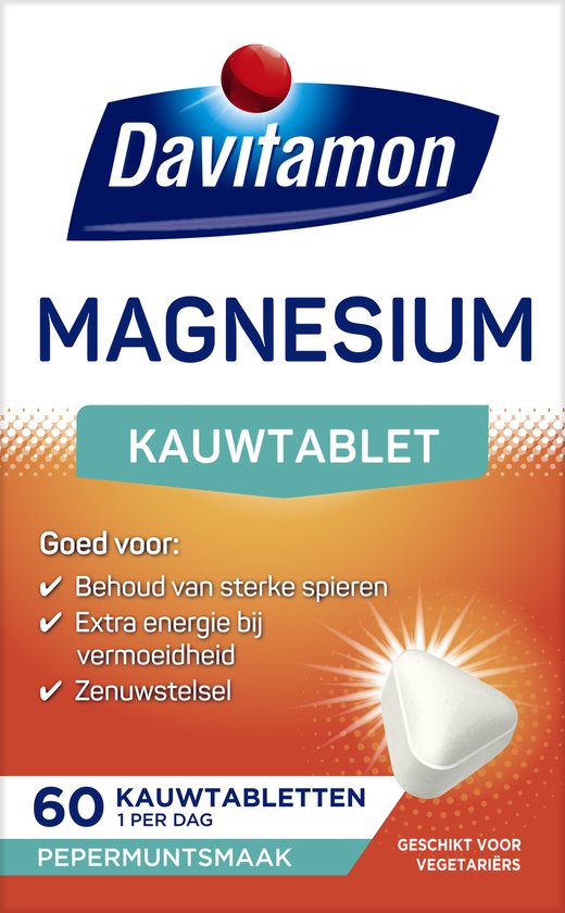 Davitamon Magnesium kauwtabletten 375 MG. Verpakking met 60 pepermunt kauwtabletten. Goed voor sterke spieren, extra energie en zenuwstelsel.