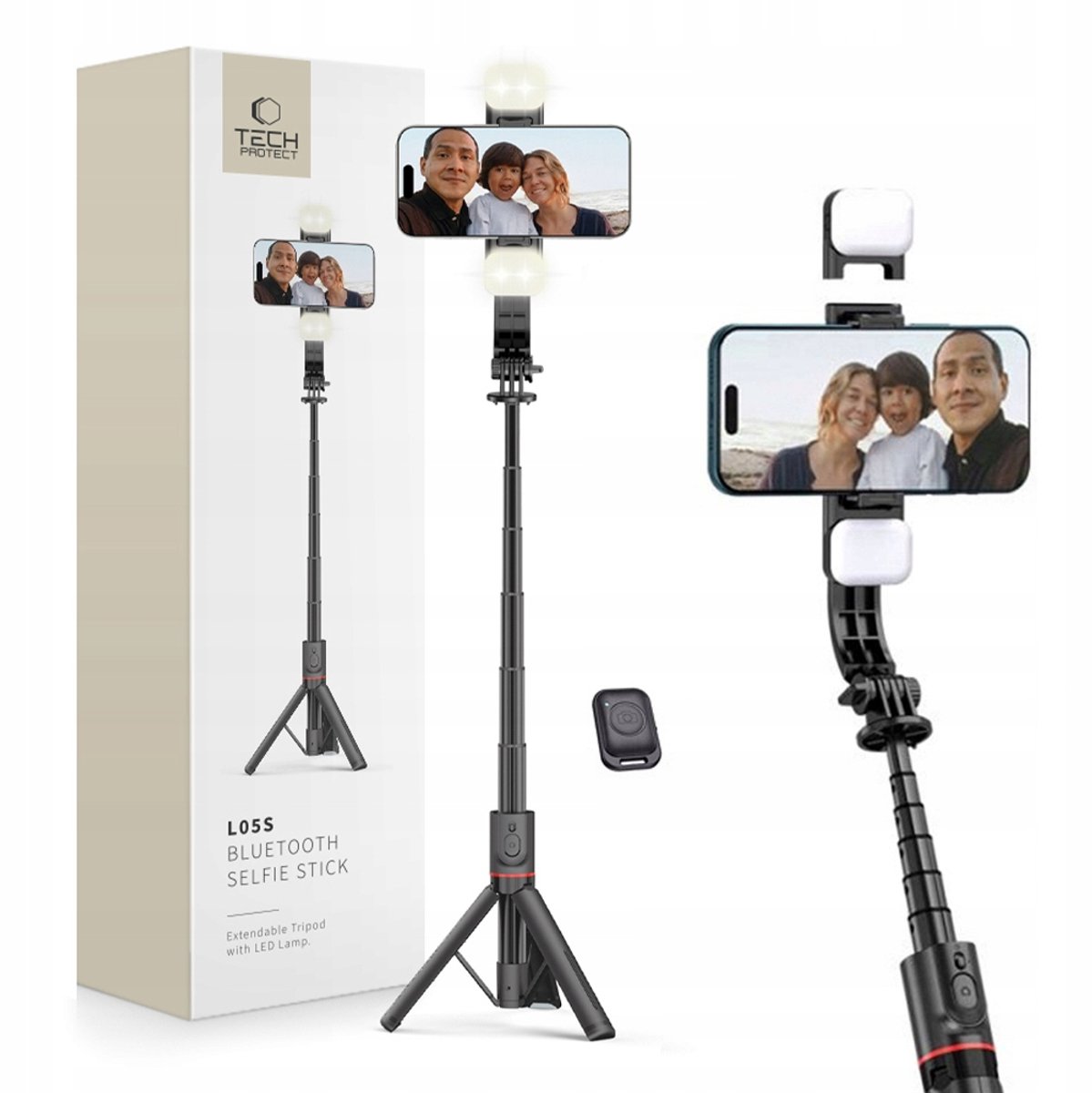 Selfie Stick Statief met LED Lamp & Bluetooth - Zwart