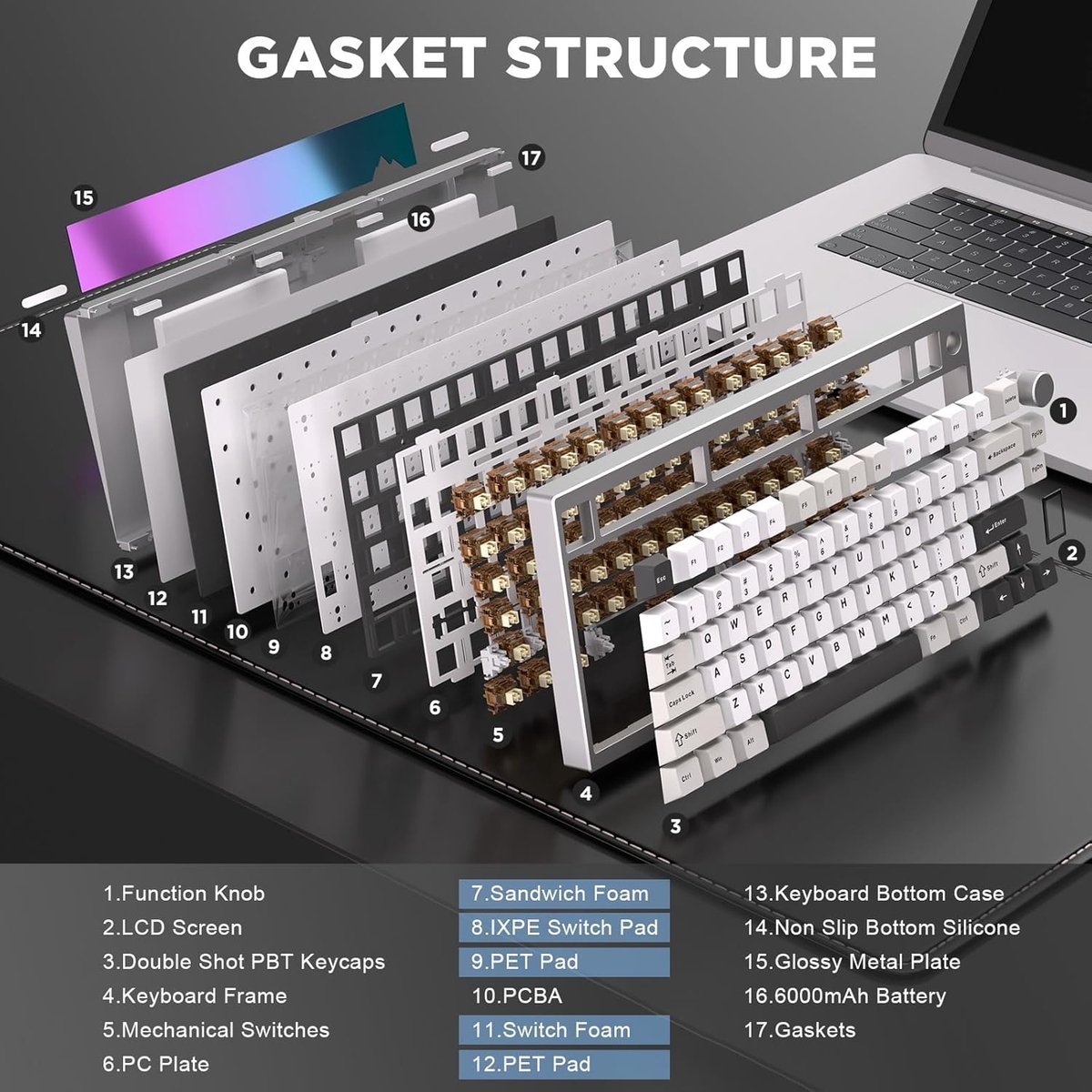 Yunzii AL80 - Zilver - Aluminium Mechanisch Draadloos Toetsenbord - 75% - Qwerty - Gaming Keyboard - RGB Lichten - Cacao Cream V2 Switch thumbnail 3