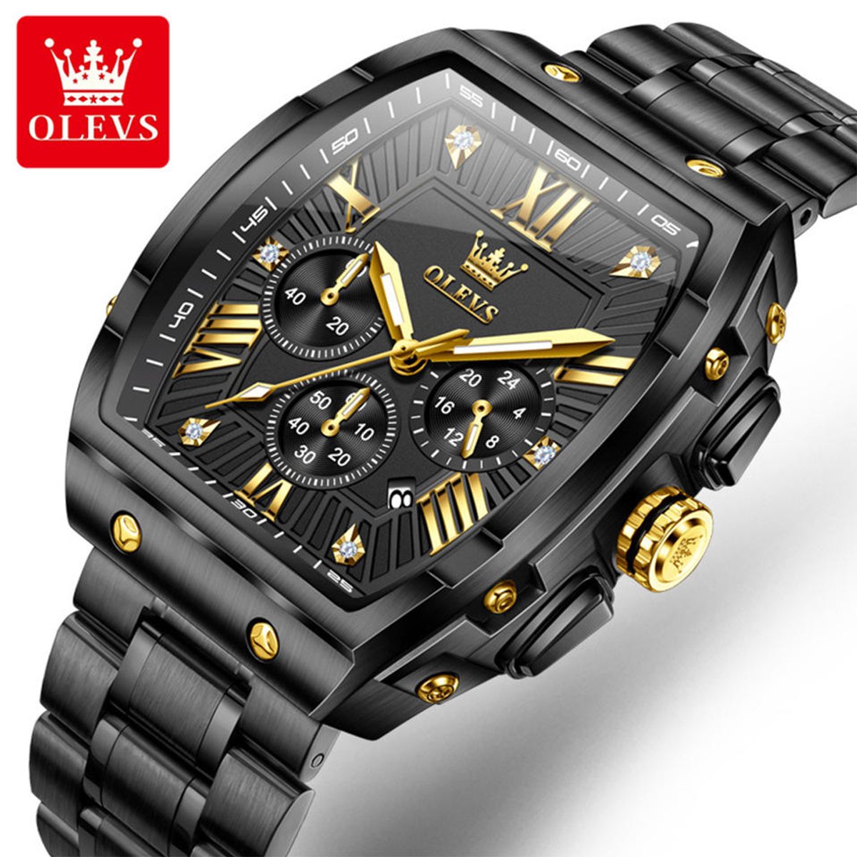 HO-5639.zw : Olevs geborsteld edelstaal chronografisch zwart heren quartz horloge 