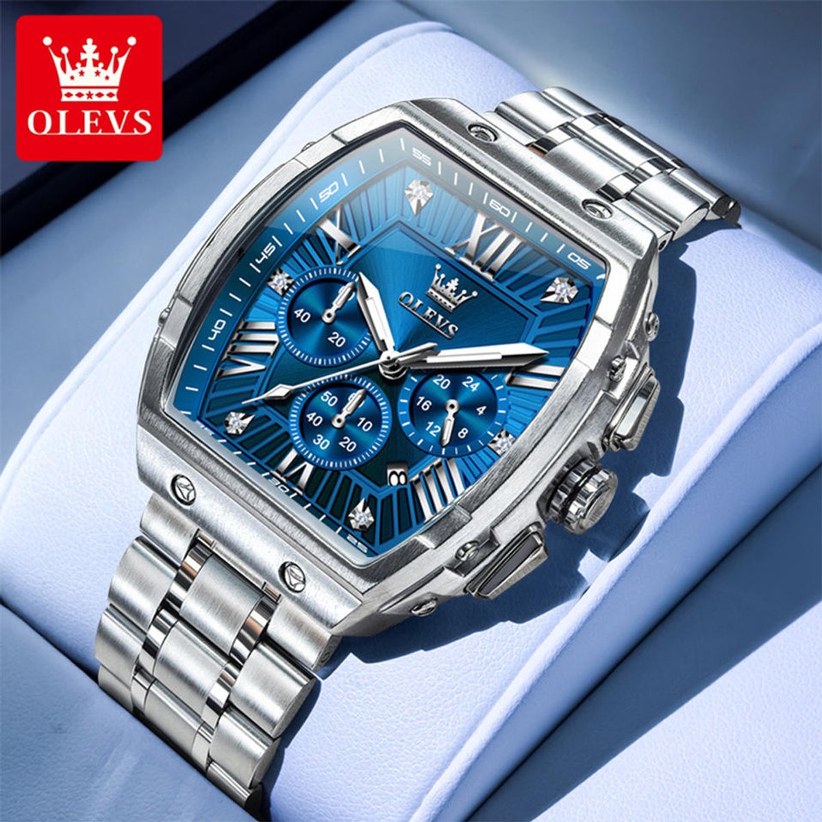 HO-5639.z-bl : Olevs geborsteld edelstaal chronografisch heren quartz horloge