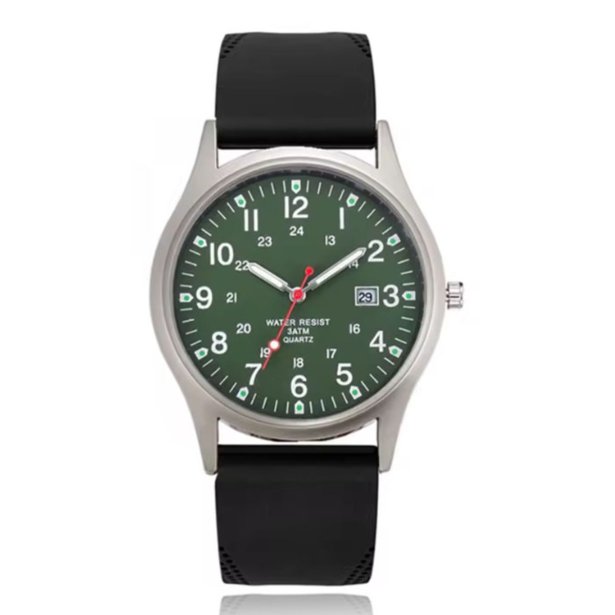 Herenhorloge met groene wijzerplaat en zwarte band - Stoer en functioneel design
