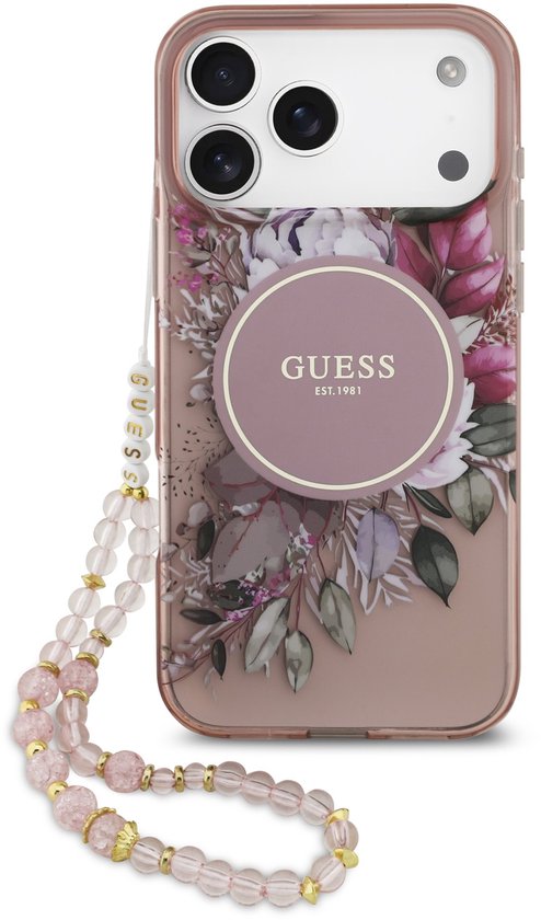 Guess IML Flowers geschikt voor iPhone 17 Pro Max hoesje - MagSafe compatibel en Koord - Roze