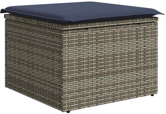 Grijze rotan poef met blauw kussen, 55x55x33.5cm.