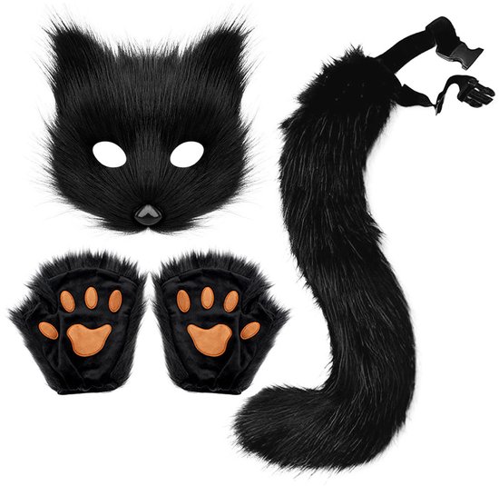 JeiibrZui Kattenpoot Handschoenen - Poot Handschoenen Vingerloos - Handgemaakt Imitatiebont Set Met Staart En Masker - 4 Stuk - Voor Halloween Feesten Zwart