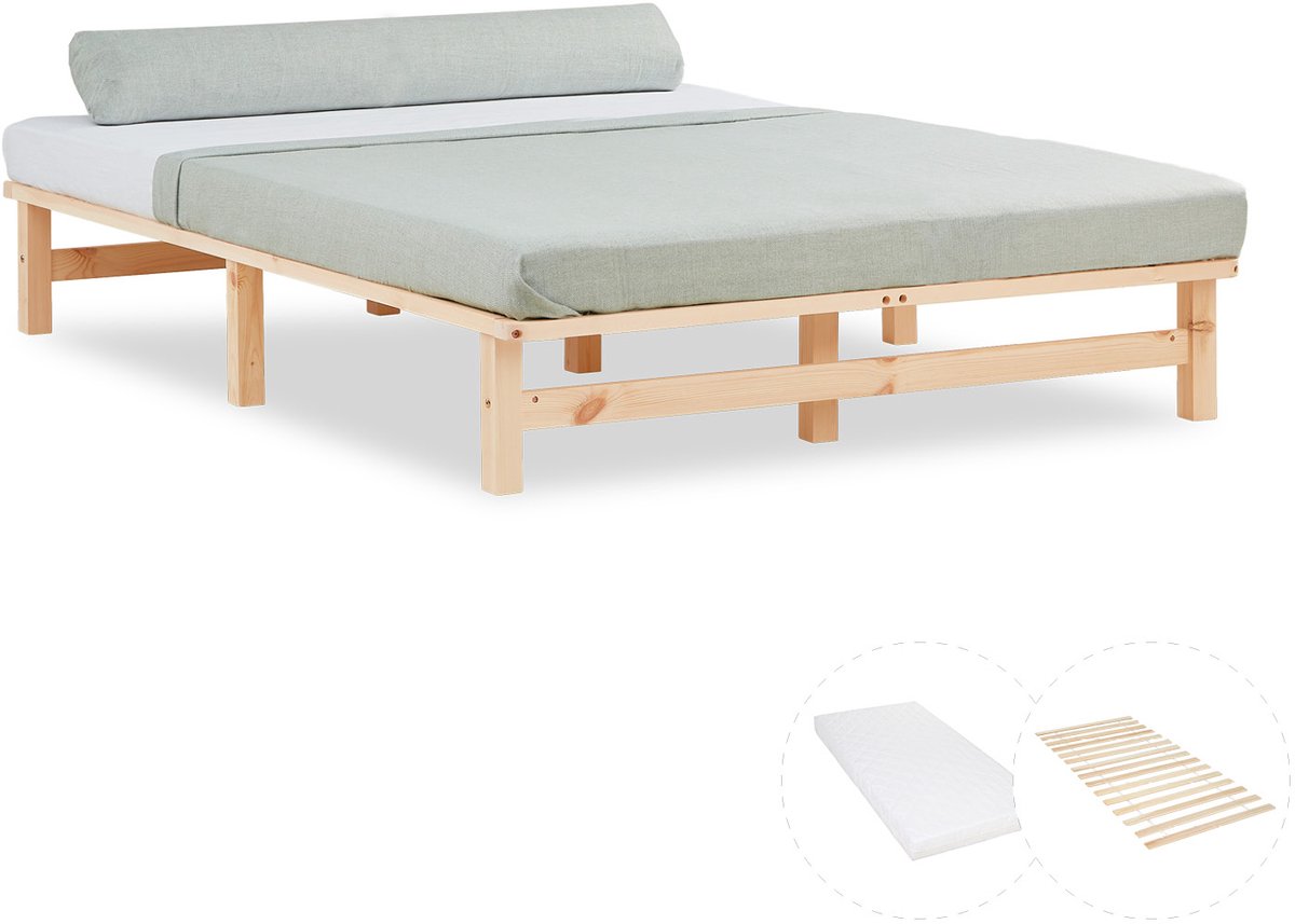 Homestyle4u Palletbed - 140x200 cm - Houten bed - met matras - Natuur