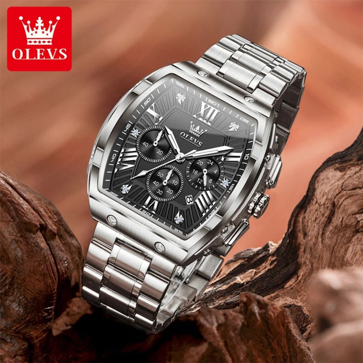 HO-5639.z-zw : Olevs geborsteld edelstaal chronografisch heren quartz horloge 