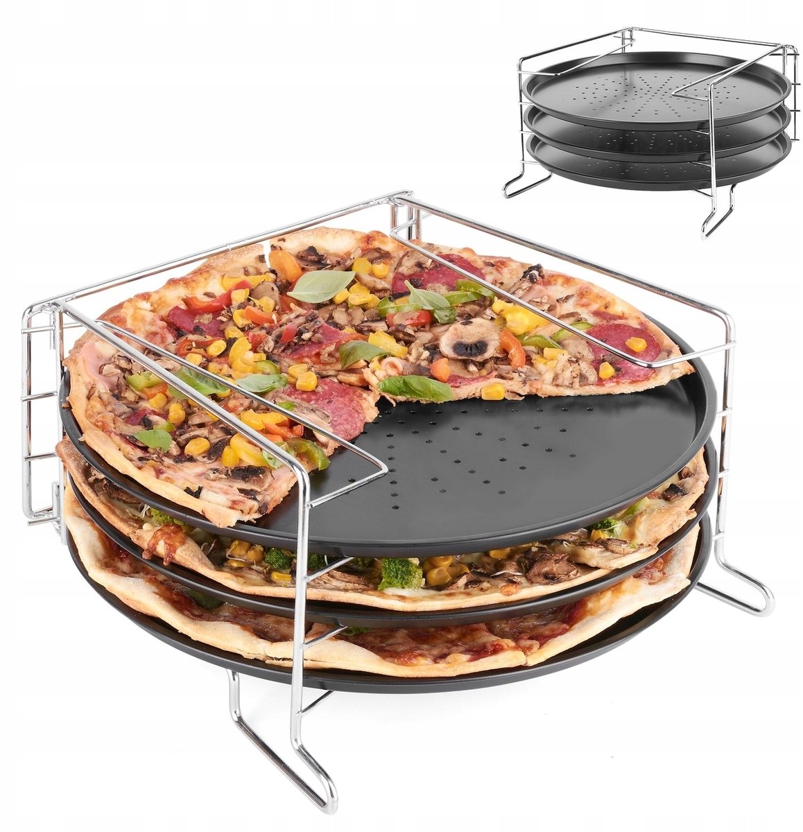 Tadar Pizzaset met 3 Bakplaten en Standaard (32 cm)