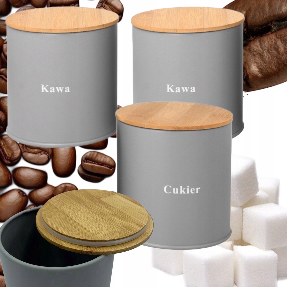 Set van 3 Keukencontainers voor Koffie en Suiker - Grijs Metaal