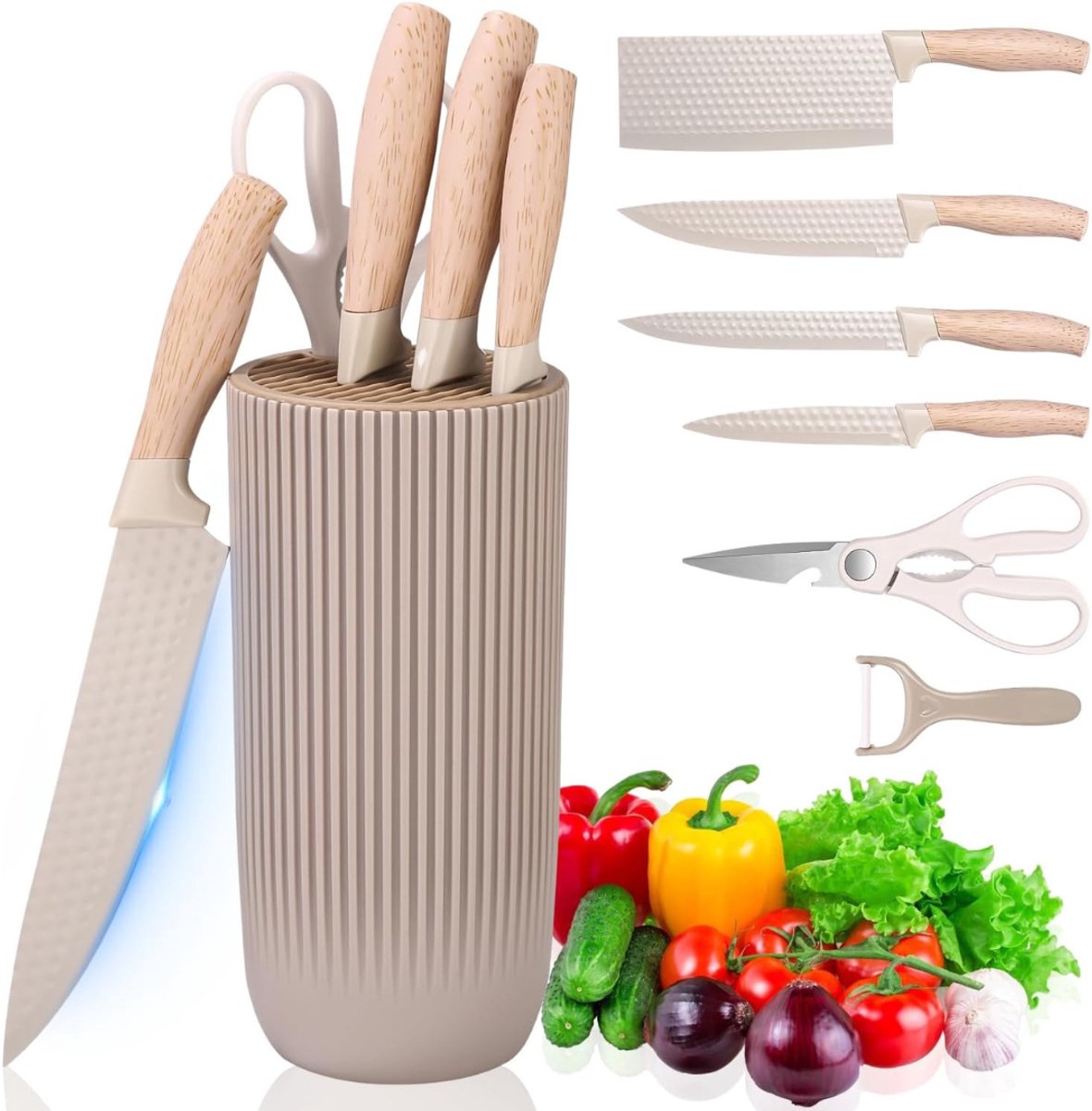 Messenset met Blok - Messensets met Messenblok - Koksmes - Keukenmessen Set - Super Scherp - Beige