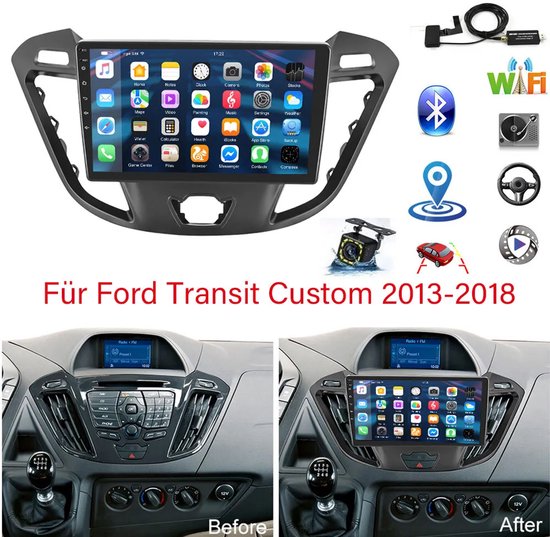 Autoradio -9 inch Android 15 GPS-navigatiesysteem, geschikt voor CarPlay, Android Auto, WiFi, Bluetooth, SWC, DAB+, 2+64G, compatibel met Ford Transit Custom en Tourneo Custom 2013-2018.