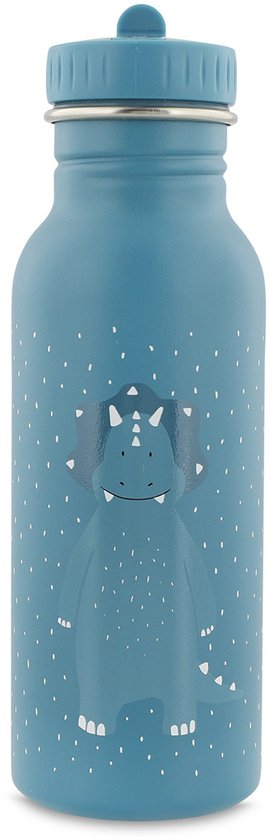 Bouteille bleue à pois blancs avec illustration de dinosaure.