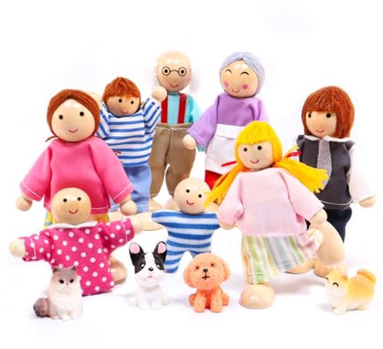 Poppenhuis Figuren Familie Set met Huisdieren - 13 Stuks Houten Poppen voor Kinderen