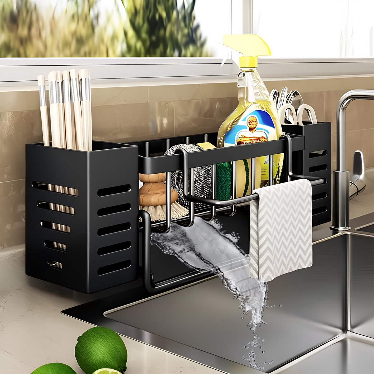 Ibenzoa® Zwarte keukenorganizer van roestvrij staal met praktische afvoer en opbergruimte