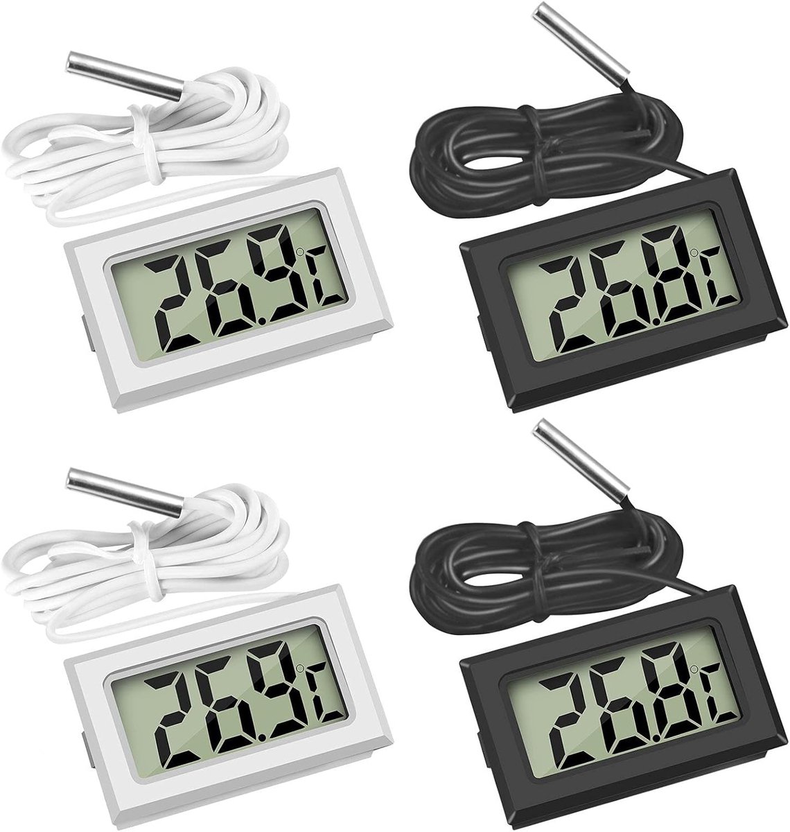 4 stuks koelkastthermometer, digitale LCD-thermometer met waterdichte sonde voor koelkast, vriezer en aquarium (2 stuks zwart en 2 stuks wit)