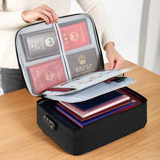 Document Organizer Bag met Code Lock, Waterdichte 3-Layer File Storage Case, Draagbare Home Office Travel Belangrijk Document Veilig voor tablet, paspoort, juridische bestanden, waardevolle spullen (zwart