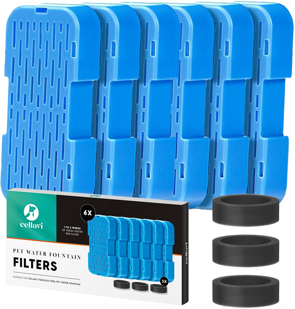 Cellavi 3 in 1 Waterfilters & Filtersponsjes voor Drinkfontein R1X Kat en Hond - 6 Waterfilters & 3 Filtersponsjes - Duurzaam