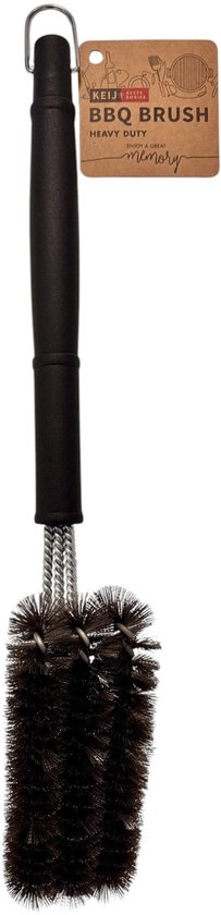 Zwarte BBQ borstel met cilindrische bruine borstelharen en metalen handvat.