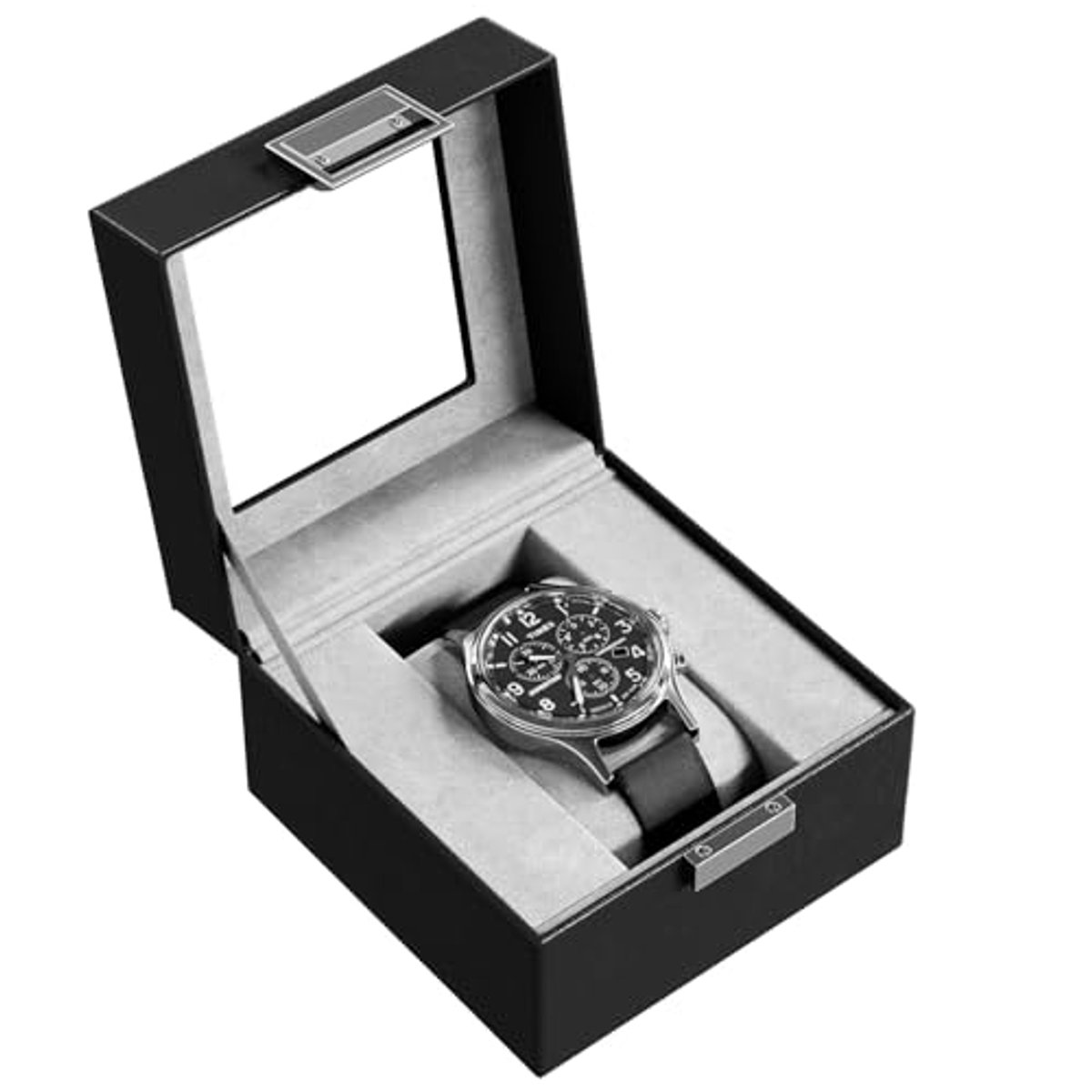 Horloge opberbox met glazen deksel en kussen - Premium PU leren horloge box met 1 vak - Zwart