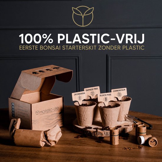 Bonsai starterkit, 100% plasticvrij, met 4 potjes, zaden en instructies.