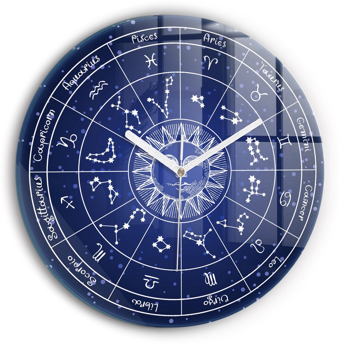 Wallfluent Wandklok - Dierenriemconstellaties Unieke Wandklok - 30 cm x 30 cm - Blauw Wandklok - Witte Handen - Wandklok zonder cijfers - Wandklok Glas Woonkamer - Klok als Muurdecoratie - Modieuze Klok - Decoratieve Wandklok