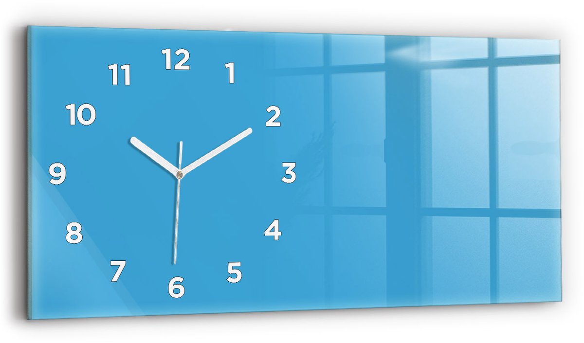 Wallfluent Wandklok - Blauw Rechthoekige Glazen Wandklok - 60 cm x 30 cm - Blauw Wandklok - Witte Handen - Wandklok Met Cijfers - Wandklok voor in de Keuken - Glazen Klok Rechthoekige - Minimalistisch Wandklok - Rechthoekige Glas Klok