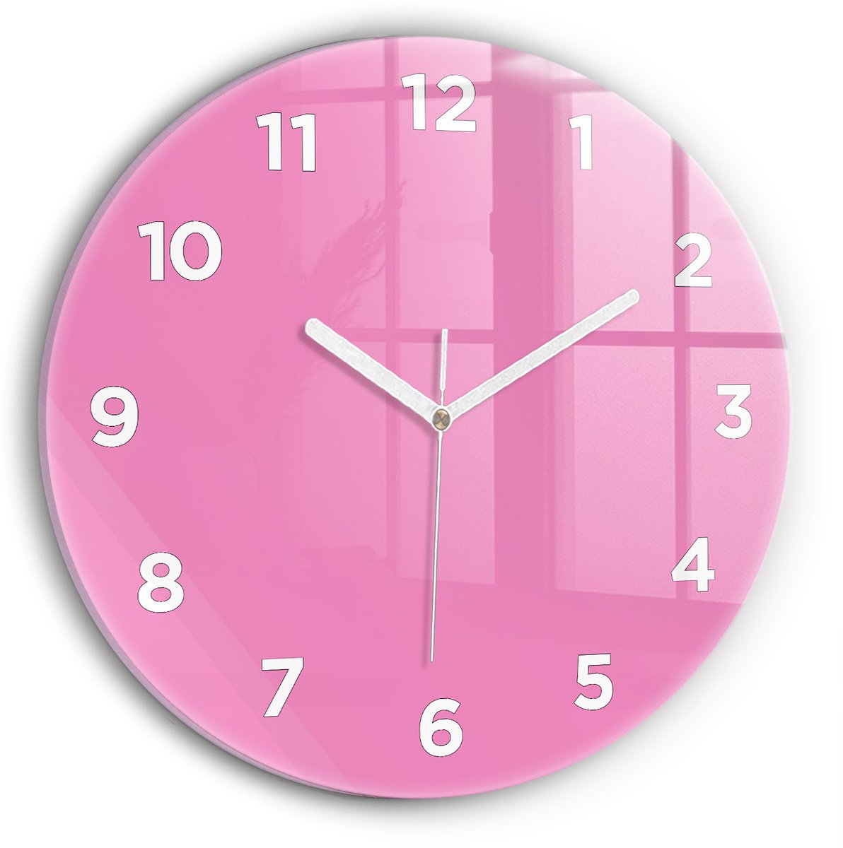Wallfluent Wandklok - Roze Ronde Glazen Klok - 30 cm x 30 cm - Roze Wandklok - Witte Handen - Wandklok Met Cijfers - Wandklok voor in de Keuken - Ronde Glazen Wandklok - Industrieel Wandklok - Ronde Glas Klok