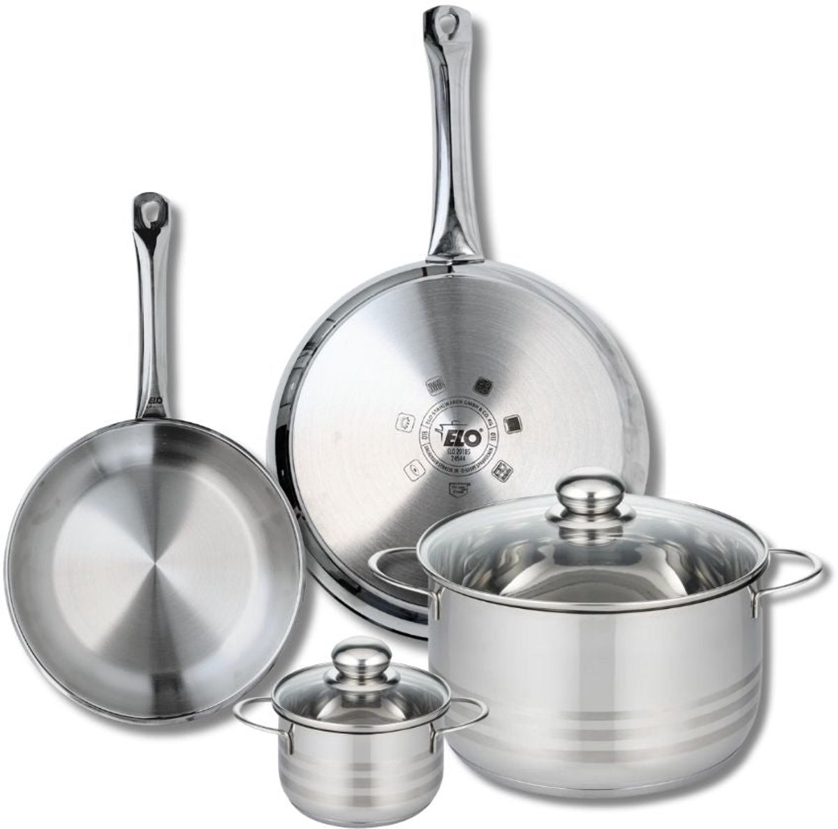 Set van 2 Koekenpannen 24 en 28 cm en 2 kookpotten 12 en 24 cm Elo Profi Brillant