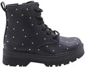 Zwarte dames veterlaars met plateauzool, zilverkleurige strass-steentjes en lus aan de achterkant. Skechers logo.