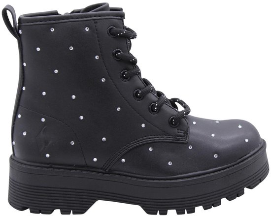 Zwarte dames veterlaars met plateauzool, zilverkleurige strass-steentjes en lus aan de achterkant. Skechers logo.