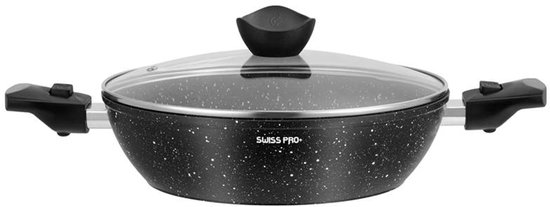 Poêle à sauter noire antiadhésive avec couvercle en verre.