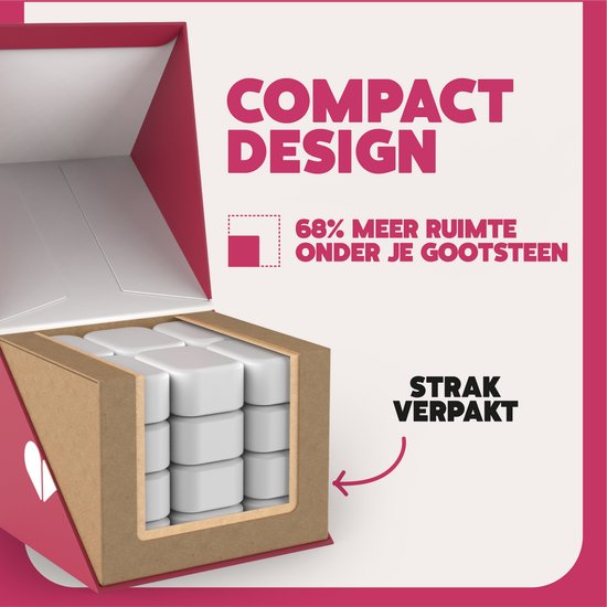 Doos met vaatwastabletten, compact ontwerp, 68% meer ruimte onder de gootsteen, strak verpakt.