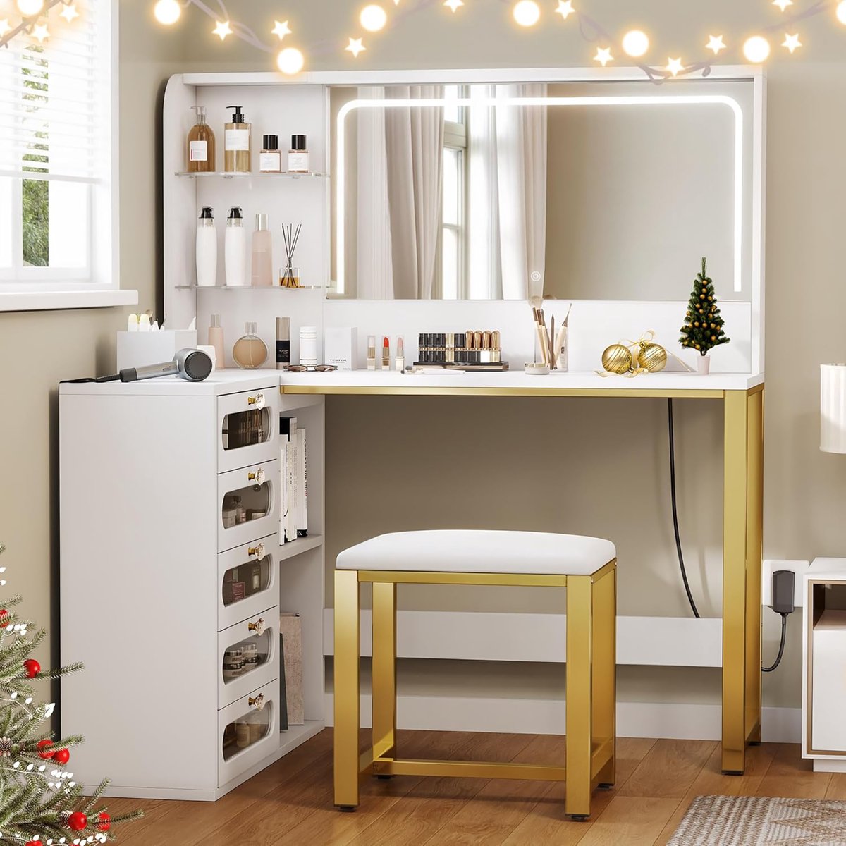 Make-up tafel met spiegel, hoek kaptafel met LED-verlichting, verstelbare helderheid en kruk, cosmetische tafel met 5 lades (wit)