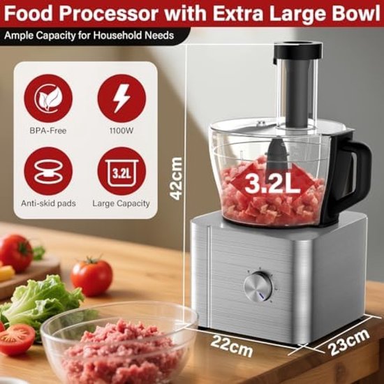 Multifunctionele Keukenmachine 1100W met 3,2L Mengkom, Blender, Hakmolen, Deegkneden, Citruspers en Garde - Zilver — afbeelding 4