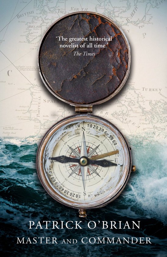 Couverture de livre avec une boussole ancienne et une carte du monde. Le titre est "Master and Commander" par Patrick O'Brian.