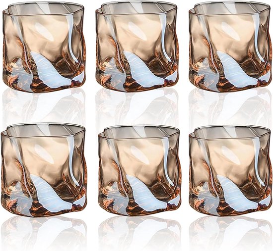 Brenzoos - : Lot de 6 verres irréguliers pour eau, whisky, rhum et cocktails - 200 ml - convient pour la maison, les restaurants et les fêtes - marron, y compris les verres à café glacé.