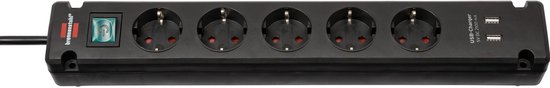 Bremounta stekkerdoos met USB 5-voudig zwart 3m H05VV-F 3G1,5 met schakelaar
