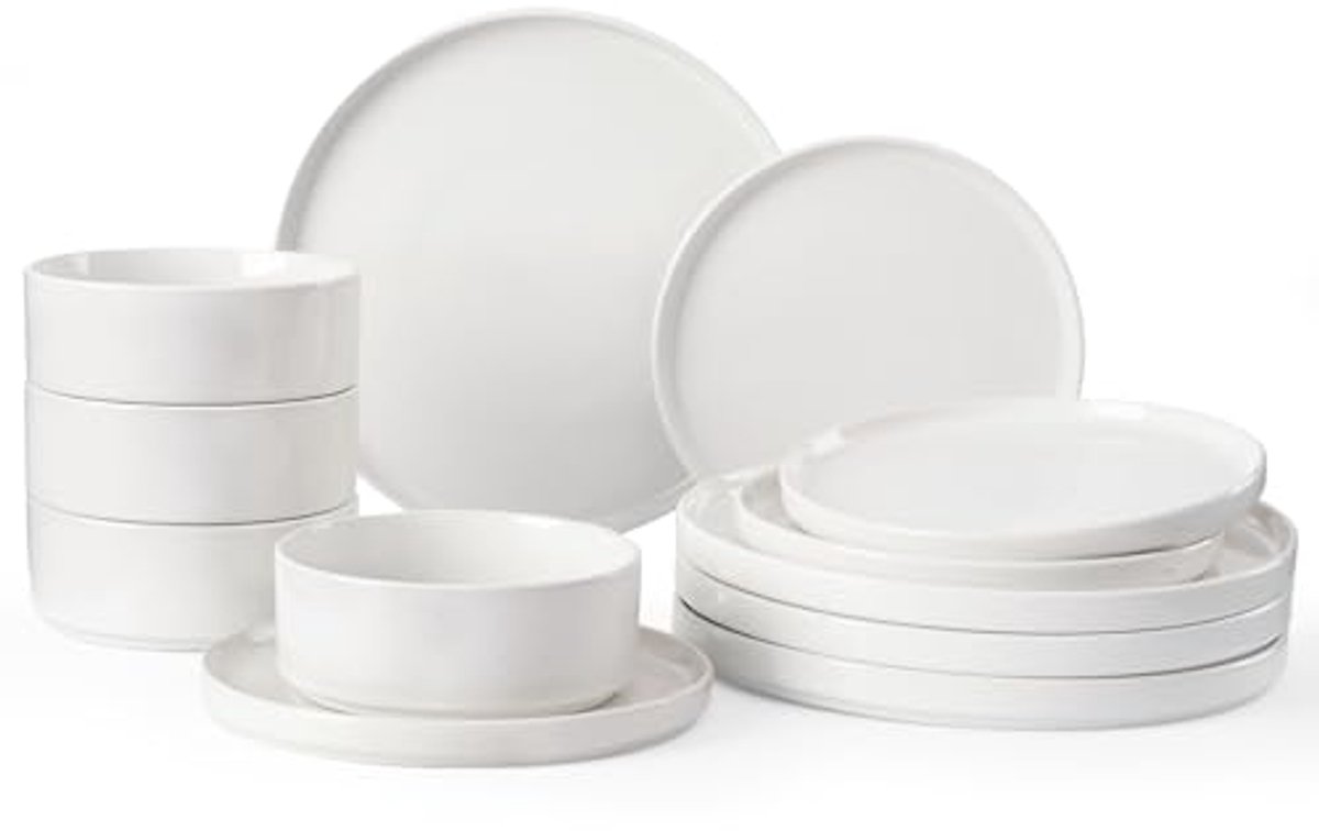 12-delige Servies Set voor 4 Personen - Wit Borden en Kommen