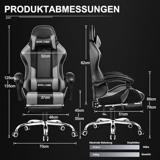 Ergonomische Gaming Stoel met Voetensteun en Hoofdsteun - Draaistoel in Grijs — afbeelding 3