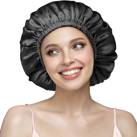 Zijden bonnet 100% moerbeizijde slaapmuts ademend en verstelbare slaapmutsen zijden haar wrap vrouwen nachtmuts voor krullend haar (zwart