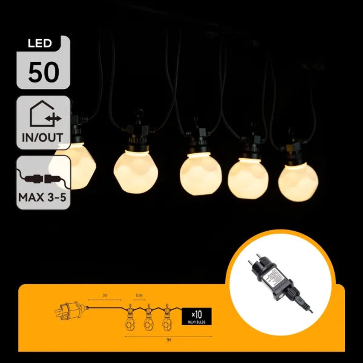 Lichtstring warmwit 8 meter (3+5) - 10 LED's milky | sproeidicht IP44 - koppelbaar (max 5) | 230VAC - 24V