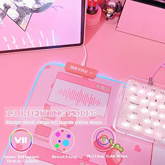 JMIYAV Roze RGB Gaming muismat led uitgebreide grote bureauonderlegger antislip rubber XL XXL roze gaming muismat grote muismat muismat voor gamers 800 x 400 mm