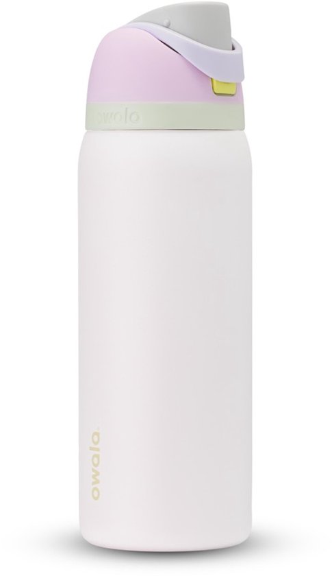 Lichtroze Owala-drinkfles met paarse, gele en groene dop.