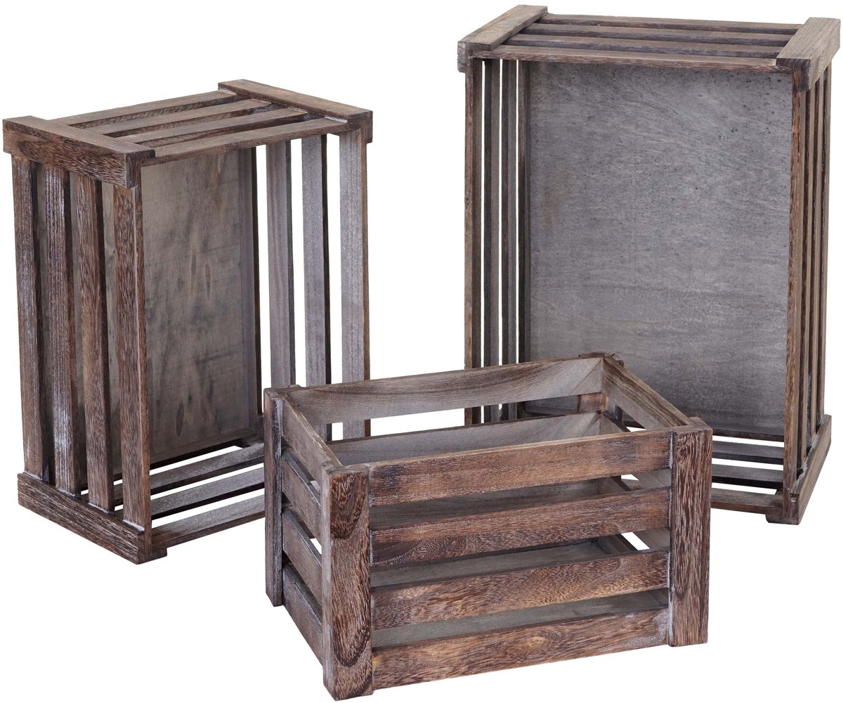 Set van 3 houten kisten MCW-C56, wijnkist, decoratieve kist, opbergkist, fruitkist, shabby look vintage ~ bruin, shabby