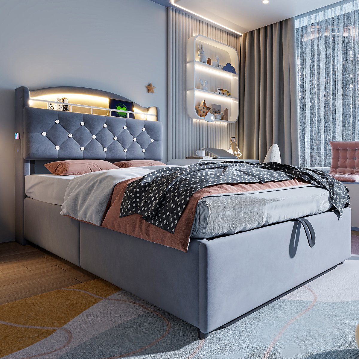 SINGULARITY-Kinderbed 90x200- fluwelen eenpersoonsbed- multifunctioneel bed met opbergruimte met LED en USB- grijs- zonder matras