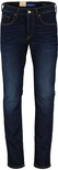 Donkerblauwe jeans met gele stiksels.