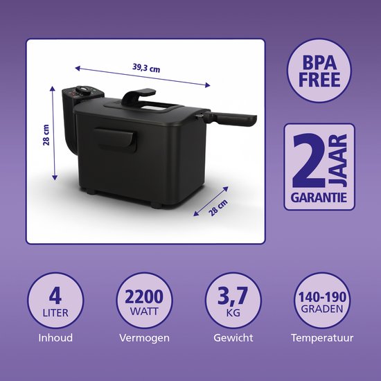 Brabantia Friteuse, Deckel Mit Sichtfenster, Einfache Temperaturkontrolle, Gesundes Frittieren, Überhitzungsschutz, Kontrollleuchte, 4 Liter, 2200 Watt, Edelstahl, Schwarz, BBEK1130BK