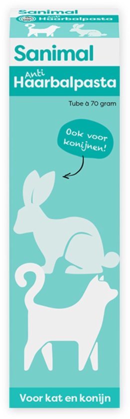 Sanimal Anti-Haarbalpasta doos met witte kat en konijn illustraties, "Ook voor konijnen!" tekst.