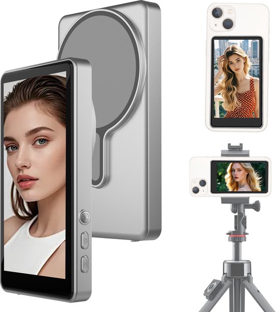 MOJOGEAR VS2 Selfie Vlog Monitor Voor iPhone en Android - Magnetisch - Draadloos via WiFi met MagSafe - Met Afstandsbediening - Grijs