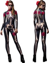 Joya Party® Skelet Verkleedpak Volwassenen | Zwarte Stretch Jumpsuit met Skelet & Rode Rozen Dames | Día de los Muertos | Sexy Halloween & Carnaval Verkleed Kostuum Vrouw | Maat M